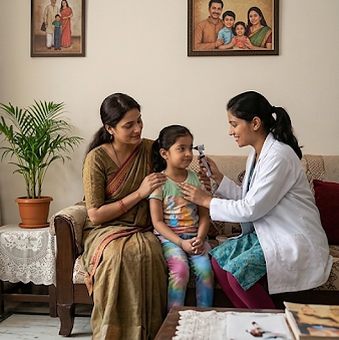 A doctor examining a child at home while her mother holds her